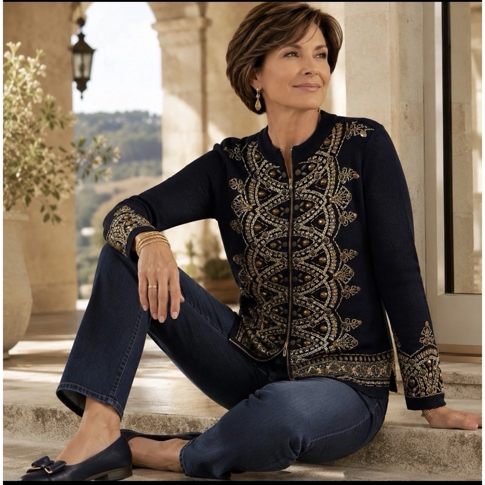 Chicos NWT Beaded Embroidered Demitra Zip Womens Size 1 M Gold Navy Cardigan